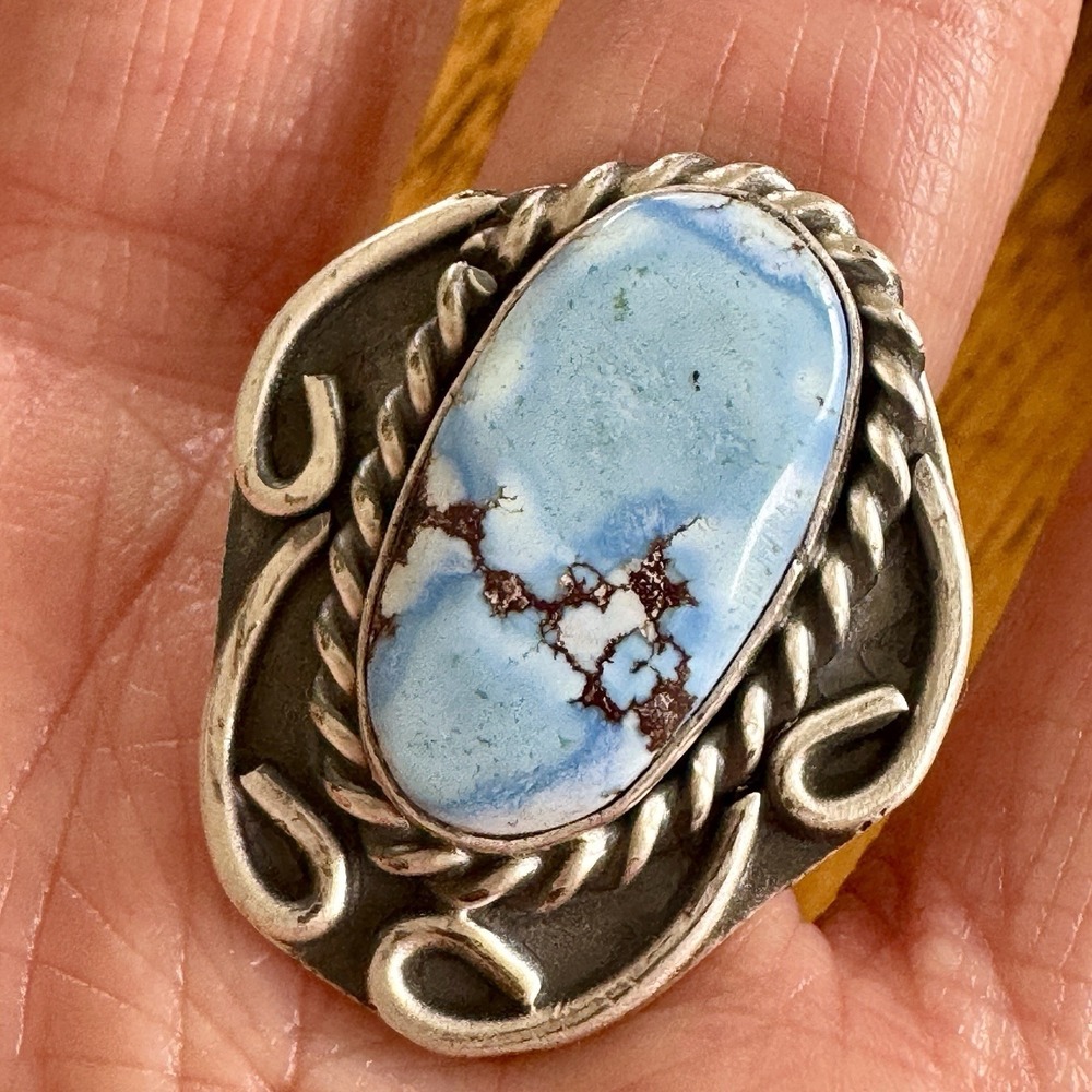 Navajo Blue Golden Hills Turquoise Ring Sz 7‎ Signed G Nez Hand Stamped Band